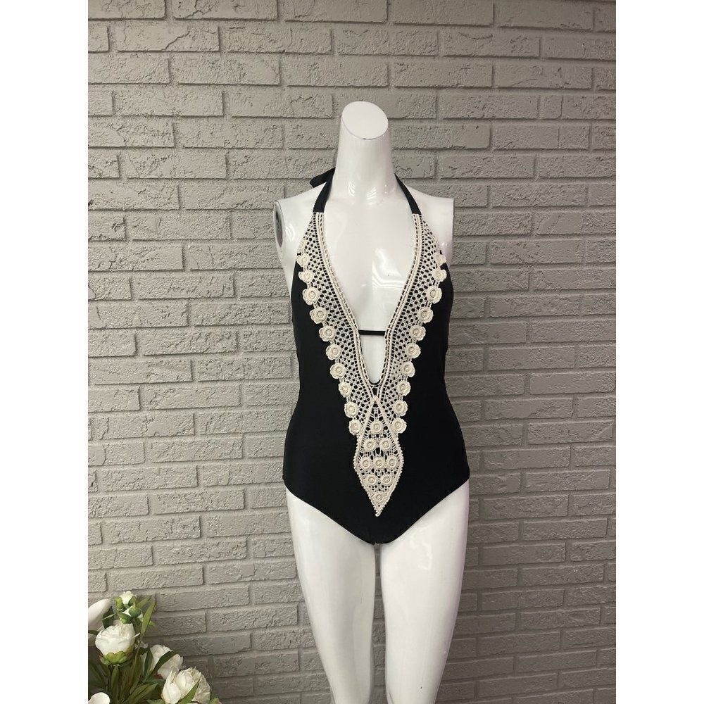 Kona Sol Black Crochet Necklace One Piece Swimsuit Size S